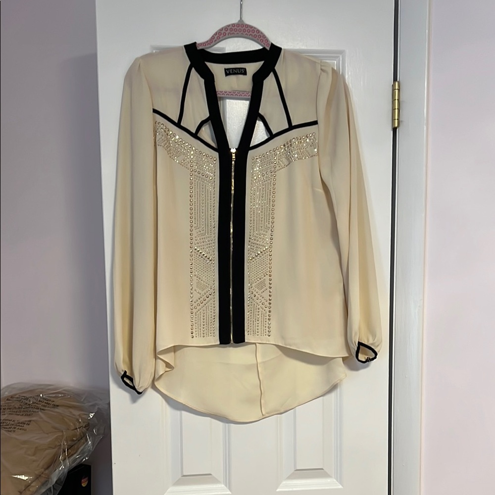 VENUS Cream Blouse with Black Trim and Gold Accents